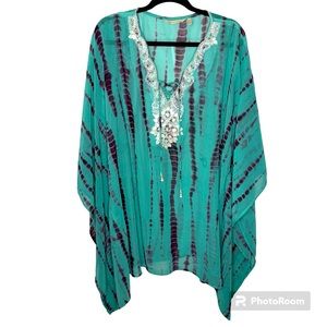 Soft Surroundings Teal Navy Blue Tie Dye Embellished Neck Swimsuit Cover Up XL